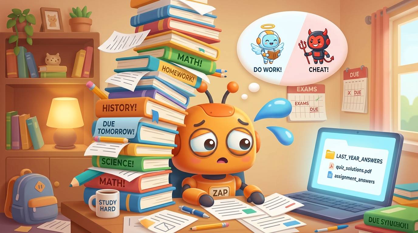 Overwhelmed robot tempted by a folder of last year's answers