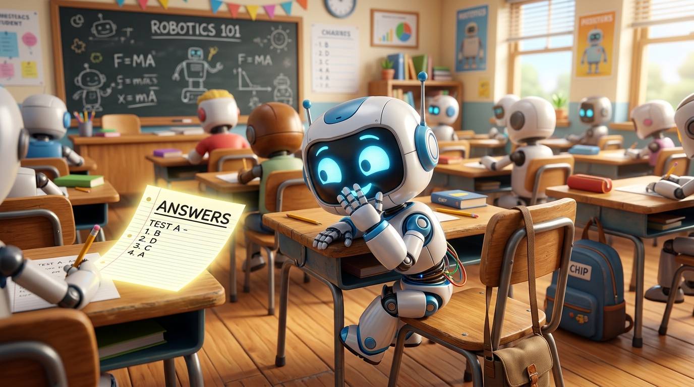 Cute robot peeking at an answer key labeled ANSWERS