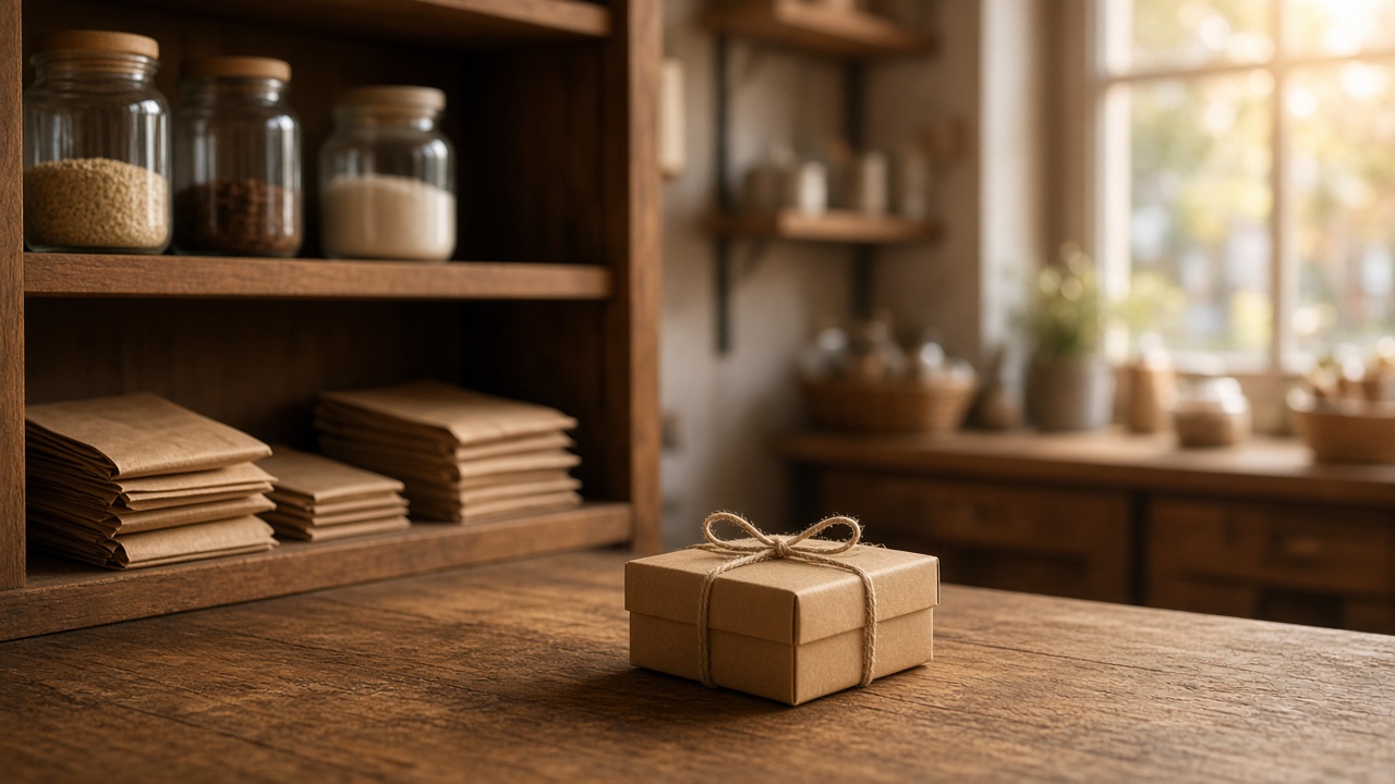 A tidy corner shop counter with neatly arranged shelves and a small gift box
